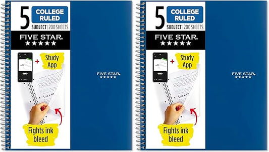 Five Star Spiral Notebook + Study App, 5 Subject, College Ruled Paper, 8-1/2" x 11", Fights Ink Bleed, Water Resistant Cover, Pacific Blue (73635), 200 Sheets (Pack of 2)