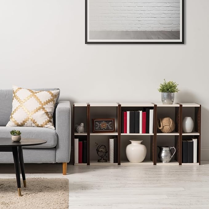 IRIS USA, Inc. 2-Tier Cubby Storage Bookshelf with Adjustable Shelves, 12" Width Stackable Easy Assembly Space Saving Shelving Unit Bookcase, Walnut Brown/White