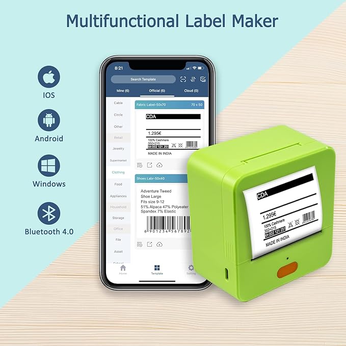 NETUM P58C Mini Label Printer - Portable Barcode Label Maker with Bluetooth, Inkless Thermal Printing for Retail, Clothing, Small Business & Home Office (Green)