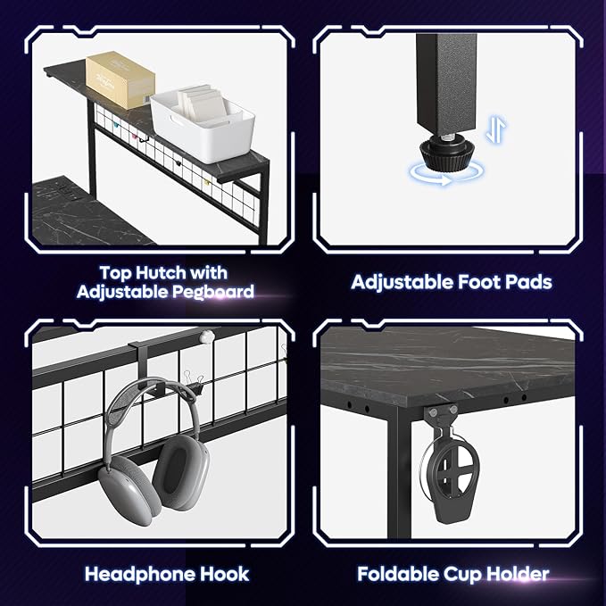 Bestier 42 L Shaped Gaming Desk, Computer Desk with Power Outlets & LED Light, Reversible Corner Desk with Shelves, Home Office Desk with Storage, Black Marble