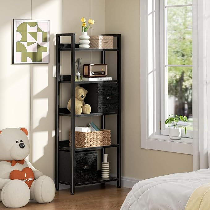 Furologee 5-Tier Bookshelf, Tall Bookcase with 2 Storage Drawers, Industrial Display Standing Shelf Units, Wood and Metal Storage Shelf for Living Room, Bedroom, Home Office, Black Oak