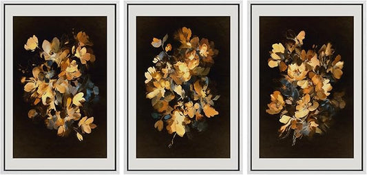 SIGNFORD Framed Wall Art Print Set Golden Blossom Watercolor Floral Warm Botanical Digital Art Modern Art Contemporary for Living Room, Bedroom, Office - 24"x36"x3 WHITE