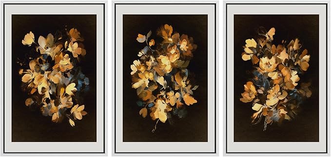 SIGNFORD Framed Wall Art Print Set Golden Blossom Watercolor Floral Warm Botanical Digital Art Modern Art Contemporary for Living Room, Bedroom, Office - 16"x24"x3 WHITE