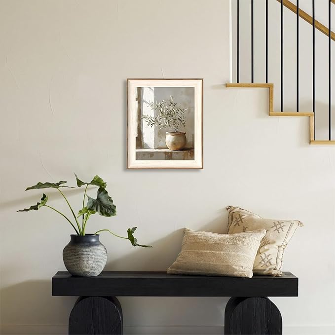 ASTRDECOR Rustic Olive Tree Canvas Wall Art, Vintage Framed Botanical Prints, Neutral Potted Plant Wall Decor for Living Room, Bedroom, Sage Green Painting Organic Farmhouse Artwork 10''x12''