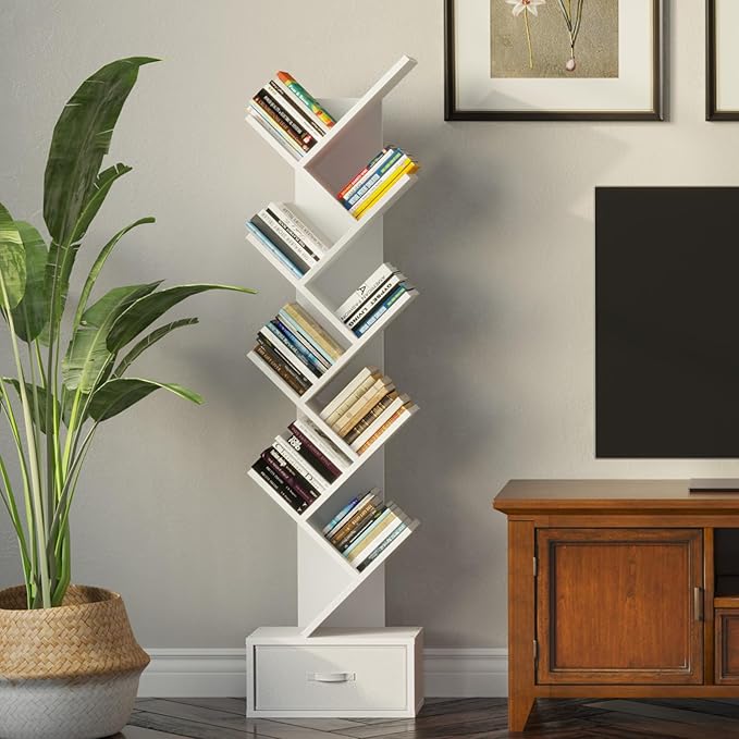 Rolanstar Tree Bookshelf with Drawer, 9 Shelf Bookshelf, Wooden Bookcase Storage Rack for CDs/Movies/Books, Corner Bookshelves, Utility Organizer Shelves for Living Room, Bedroom, White