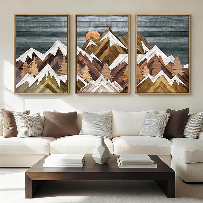 BINCUE Large Rustic Mountain Canvas Wall Picture,Boho Mountain Framed Wall Art,Vintage Landscape Artwork Nature Woodcut,Beige Sunrise Forest Art Prints for Office Living Room Bedroom 16''x24'' Set of 3