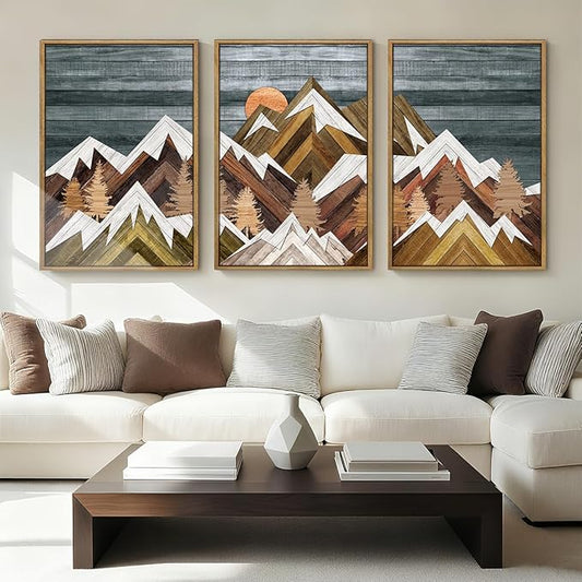 BINCUE Large Rustic Mountain Canvas Wall Picture,Boho Mountain Framed Wall Art,Vintage Landscape Artwork Nature Woodcut,Beige Sunrise Forest Art Prints for Office Living Room Bedroom 16''x24'' Set of 3