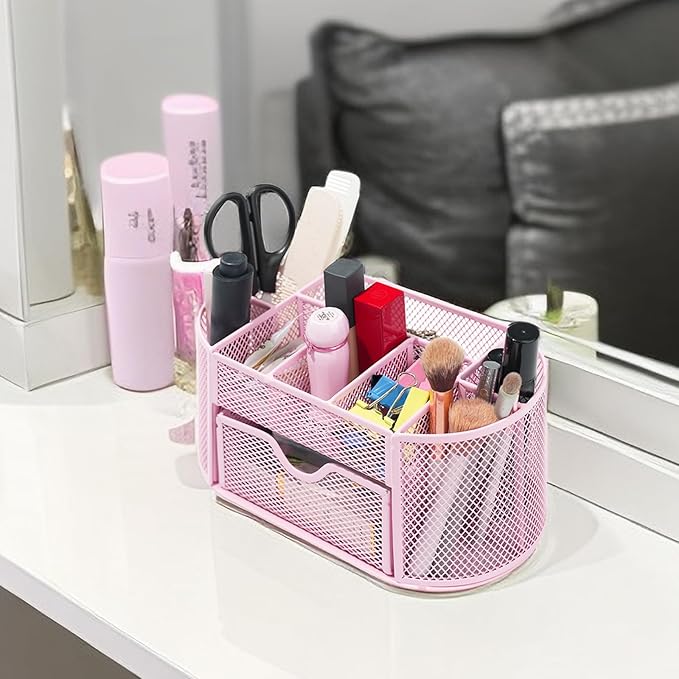 Desktop Organizer with Pencil Pen Holder and Accessories Offering 8 Compartments and 1 Drawer for Home, School and Office. (Cherry Blossom Pink)