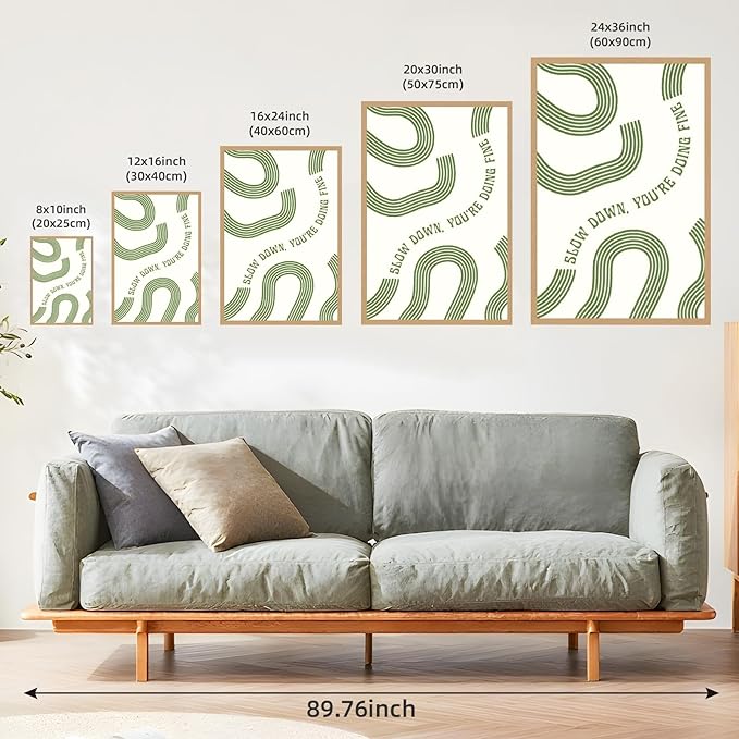 Slow Down You’re Doing Fine Wall Art Retro Minimalist Motivational Quote Music Poster Inspirational Midcentury Song Lyrics Sage Green Canvas Prints for Bedroom Home Decor 8x12inch Wood Color Framed