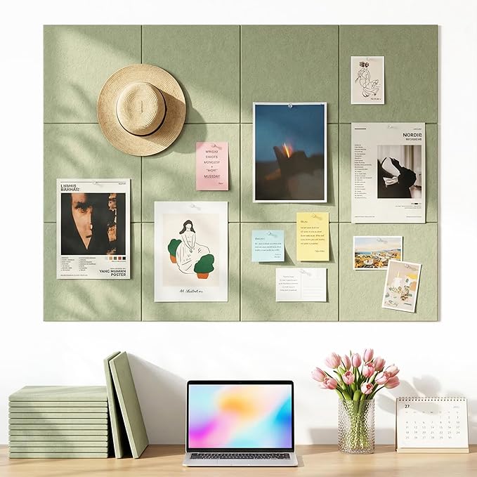 Aothia 12-Pack Felt Bulletin Board Tiles for Walls, 48x36 Modular Bulletin Board, Cork Board Alternative Pin Board for Office & Classroom, 70 Adhesive Tabs & 40 Push Pins Included (Sage Green)