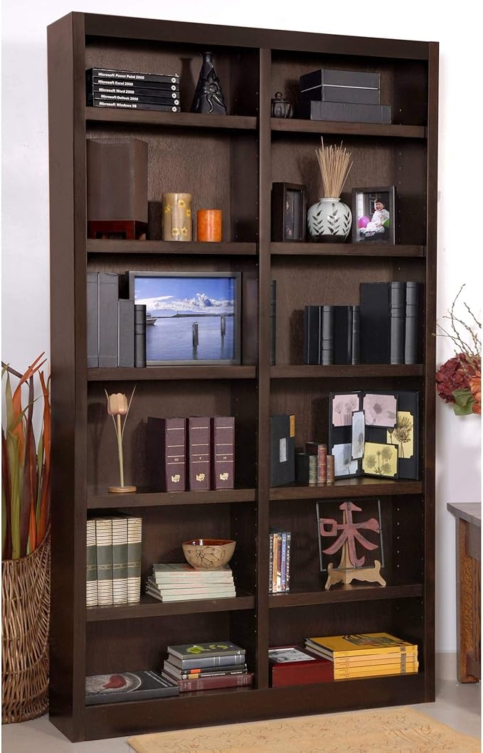 Concepts In Wood 84" Traditional Double Wide Wood Bookcase with 10 Adjustable Shelves & 2 Fixed Shelves, Assembly Required, for Laundry/Bedroom/Kitchen/Garage/Office, in Espresso Finish