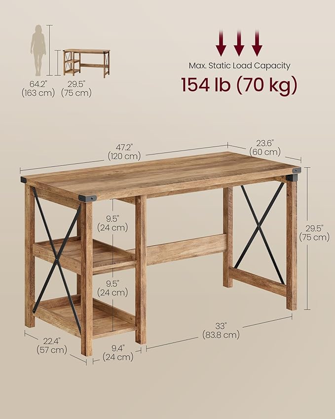 VASAGLE Computer Desk, Home Office Desk with Storage Shelves on Right or Left, Farmhouse, for Work Study Gaming Writing, 23.6 x 47.2 x 29.5 Inches, Honey Brown ULWDAM090T41