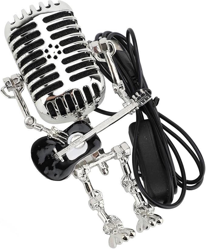 ZJchao Vintage Microphone Guitar Robot Table Lamp Aluminum Retro Metal Robot Night Light for Bedroom Desk Home Decor (Black)