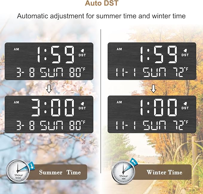 DreamSky Wooden Digital Alarm Clocks for Bedrooms - Living Room Desk Clock with Date and Day of Week, Temperature, USB Port, Dimmer Wheel, Adjustable Volume, Auto DST, Wood Decor for Office Table