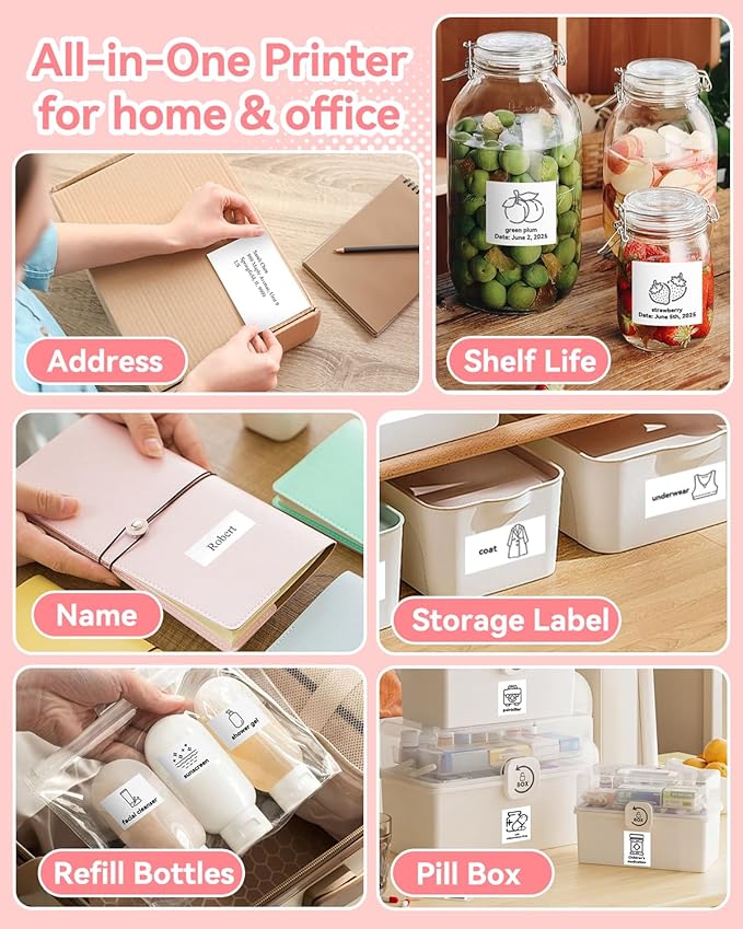 Aptika Sticker Printer - Mini Portable Printer with 14 Rolls Sticky Papers, Bluetooth Thermal Maker Machine for Students Children Birthday, Compatible with for iPhone/Android, Pink