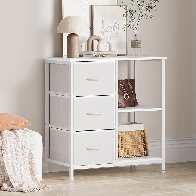 Garvee 3 Drawer File Cabinet, Printer Stand with 2 Open Storage Shelves, Fabric Filing Cabinet Under Desk Office Organizer for Home Office, Modern Storage Solution, White