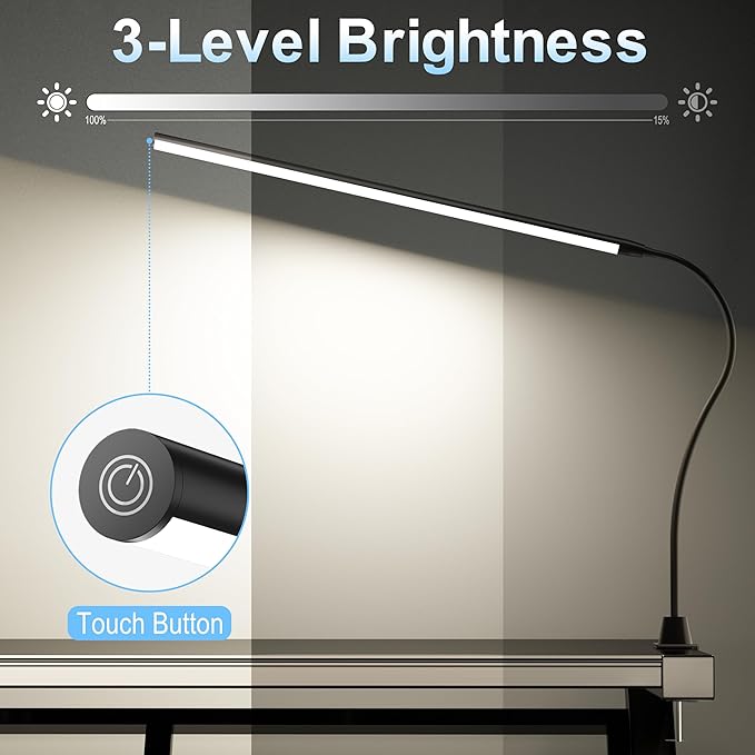 deeloop LED Clip-on Reading Light, 20" Ultra-Long Chips Bright Desk Lamp, 10%-100% Stepless Dimming & 3 Color Modes Office Lamp with 360 Head Rotation Memory Function Clamp Light