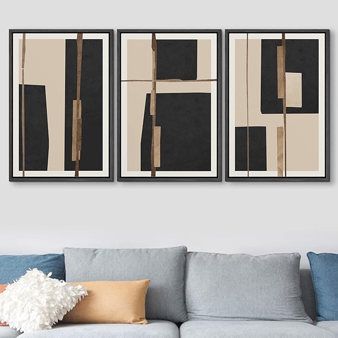 SIGNFORD Framed Canvas Print Wall Art Set Mid-Century Black Polygon Squares Abstract Shapes Illustrations Modern Art Bohemian Nordic Relax/Calm for Living Room, Bedroom, Office - 16"x24"x3 Black