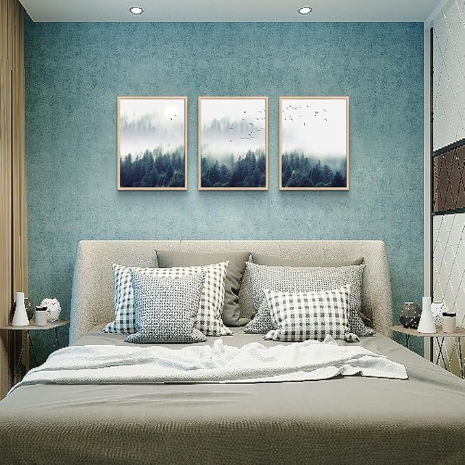 Natural Wood Framed Wall Art - Large Size Foggy Forest Trees Landscape Painting - 3 Piece Framed Art Prints For Living Room, Bedroom & Office