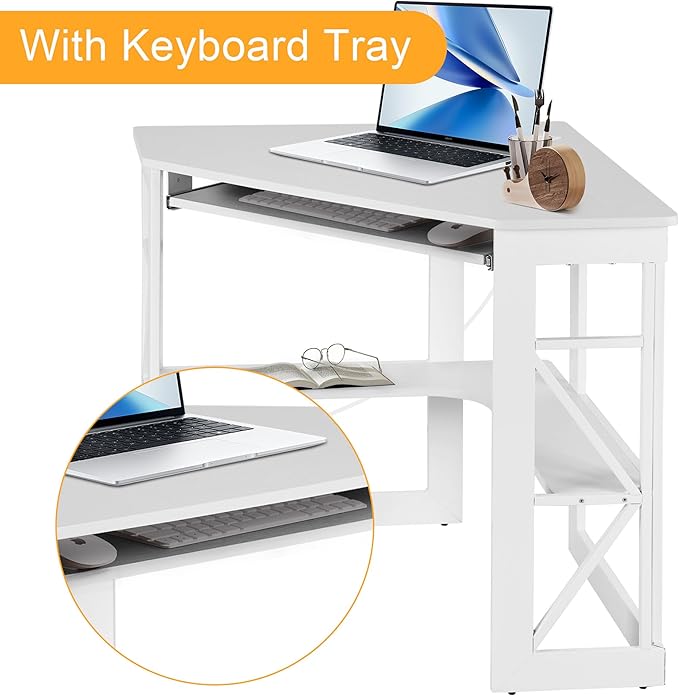 VECELO Corner Computer Desk 41x30 inches with Charging Station & Keyboard & Storage Shelves for Small Space,Triangle Table for Home Office Bedroom,White