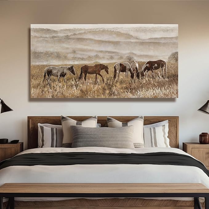 VAYIMDH Canvas Wall Art for Living Room Horse Wall Decor Animal Prints Pictures Grassland Artwork Paintings Brown Pictures 24"x48"