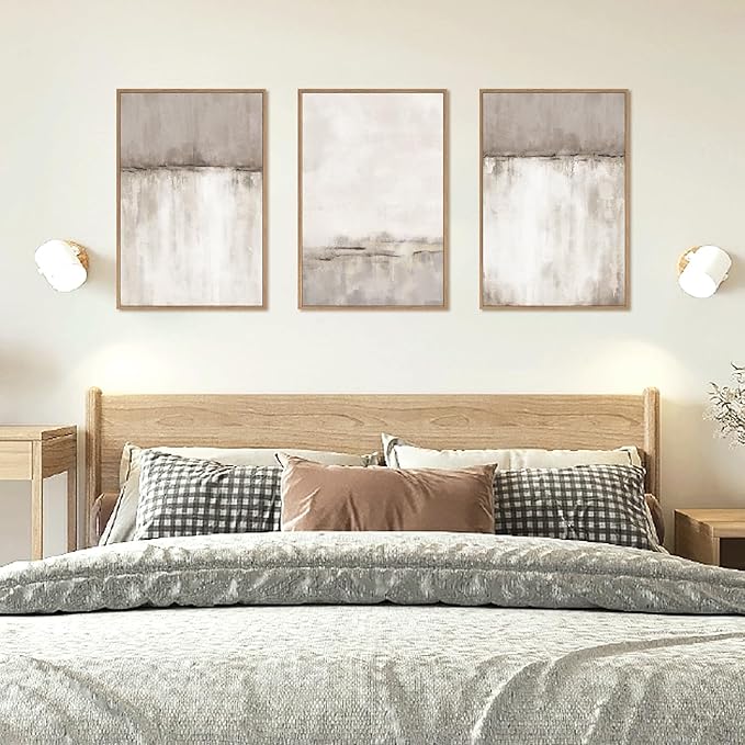 KAIRNE Large Neutral Gray Framed Canvas Wall Art Set, Abstract Duotone Gray Tan Wall Decor, Neutral Watercolor Shape Wall Pinting, Modern Landscape Art Print for Living Room, Bedroom, Office16 x24 x3
