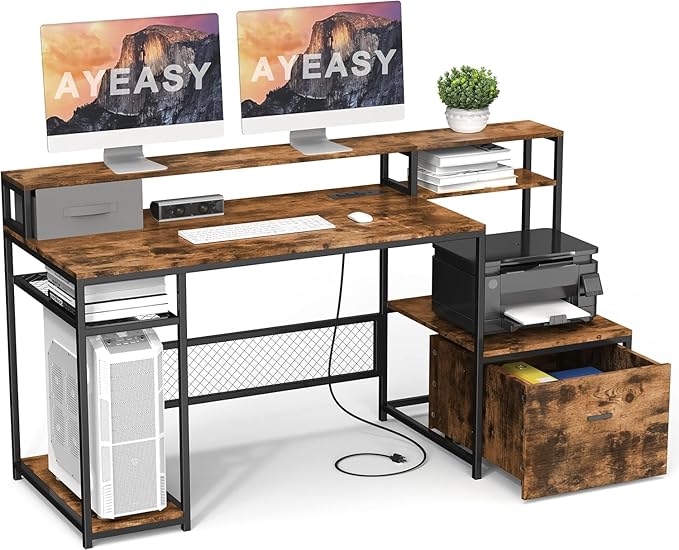Home Office Desks with Drawers, 66'' Computer Desk with Storage, Office Desk with Monitor Stand, Work Desk with Outlets and USB, Gaming Table Desk with File Cabinet for Home Office Table, Brown