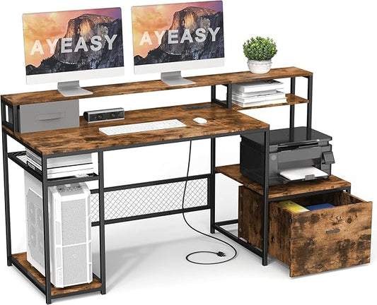 Home Office Desks with Drawers, 66'' Computer Desk with Storage, Office Desk with Monitor Stand, Work Desk with Outlets and USB, Gaming Table Desk with File Cabinet for Home Office Table, Brown