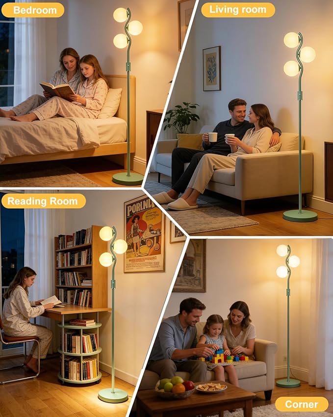 Lightdot 60IN Green Floor Lamp Stepless Dimmable Globe Floor Lamps with 3Pcs 3000K G9 Bulbs Eye-Friendly Mid Century Standing Lamps with Stable Base for Living Room/Bedroom/Corner