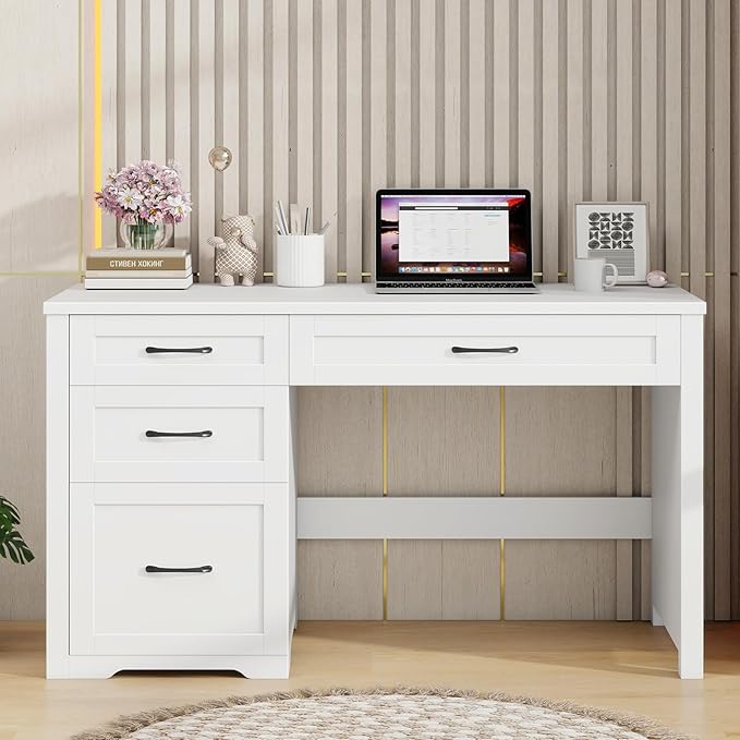 Farmhouse 47" Executive Desk with File Drawer, Wood Computer Desk with 3 Storage Drawers, Workstation for Home Office, Study, Writing.White