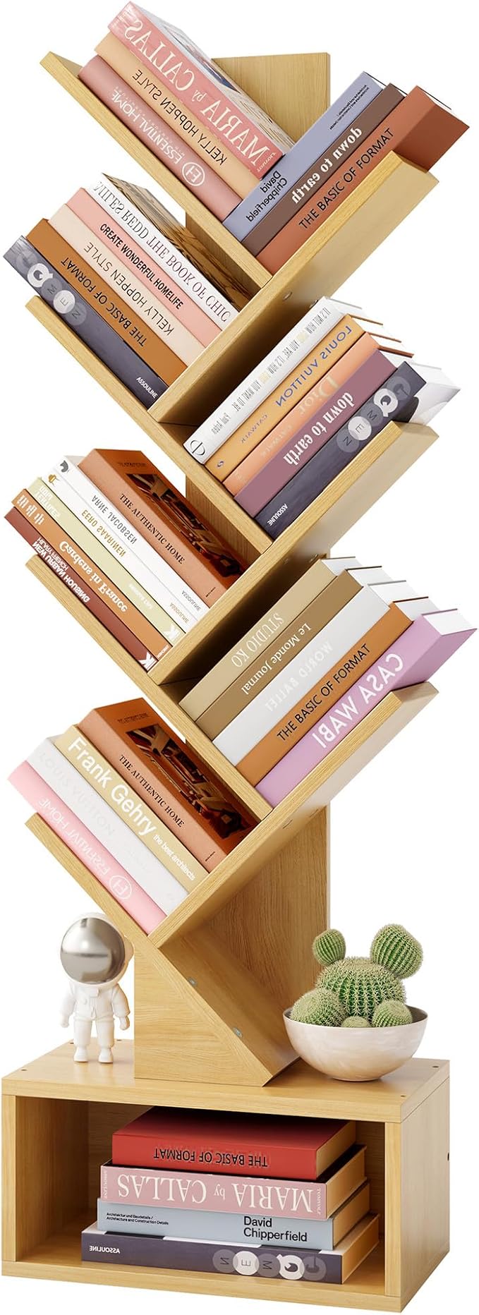 Hoctieon 6 Tier Tree Bookshelf, Tall Bookcase with Drawer, Freestanding Book Shelf, Display Floor Standing Storage Shelf, Book Organizer Shelves for Home Office, Living Room, Bedroom, Yellow