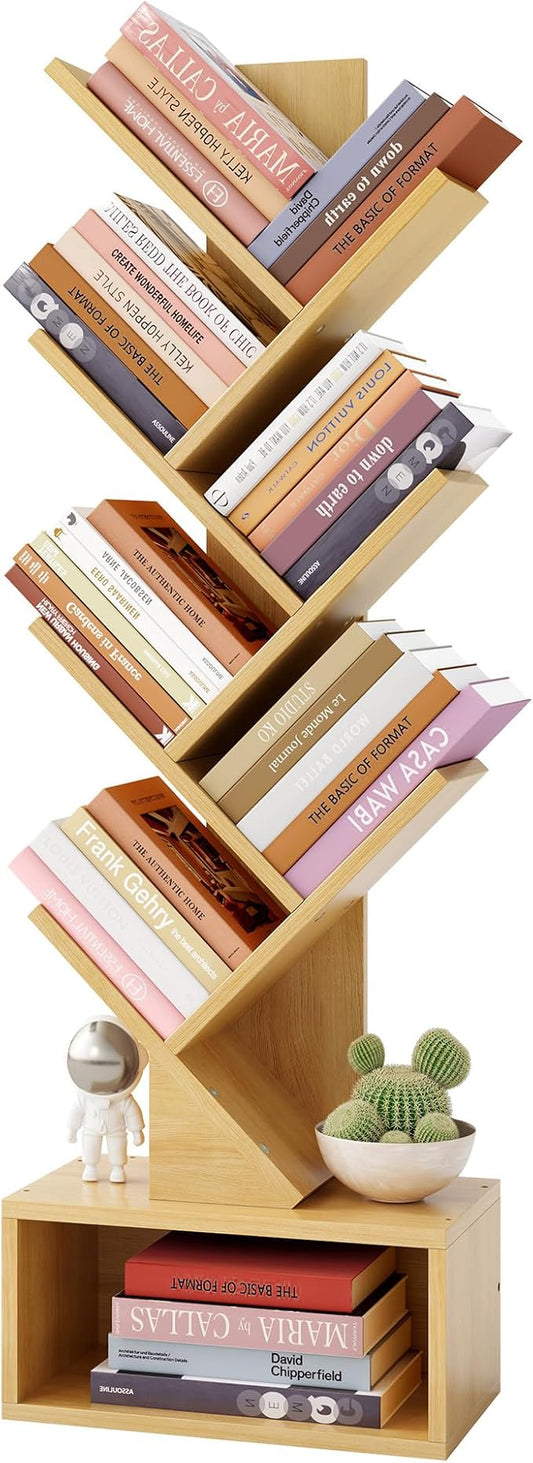 Hoctieon 6 Tier Tree Bookshelf, Tall Bookcase with Drawer, Freestanding Book Shelf, Display Floor Standing Storage Shelf, Book Organizer Shelves for Home Office, Living Room, Bedroom, Yellow