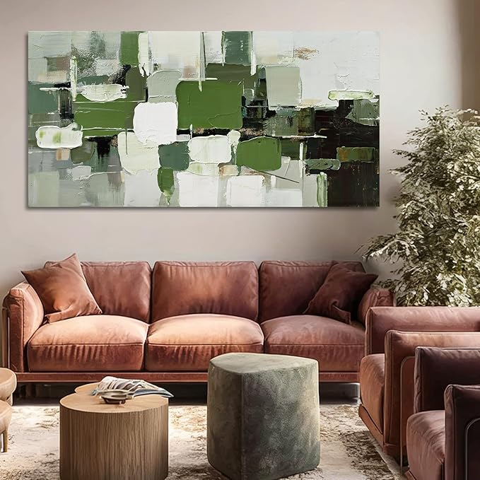 ZUNARE Contemporary Abstract Canvas Wall Art Geometric Block Print in Green White Black and Gray, Minimal Modern Artwork for Living Room Bedroom Office Kitchen 29"x58"