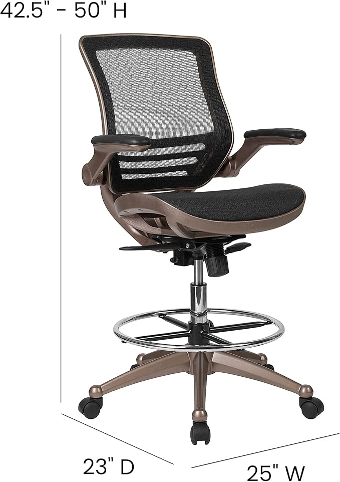 Flash Furniture Waylon Mid-Back Swivel Office Chair with Adjustable Foot Ring and Seat Height, Ergonomic Mesh Chair with Armrests, Black/Gold