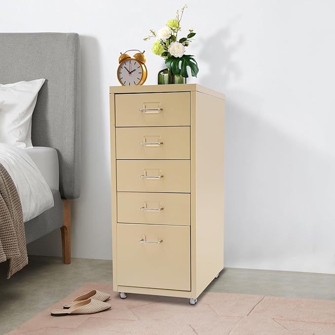 Metal File Storage Cabinet,Side Storage Organizer,Freestanding Storage Unit,Metal Garage Storage Drawers,Storage Cabinet with 5 Drawers and Wheels for Office,Home,School，Beige,11*16.1*27.1in