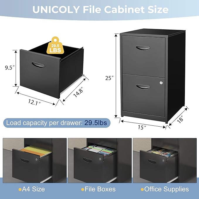 2 Drawer File Cabinet with Lock, Metal File Cabinets for Home Office, Under Desk Storage, Printer Stand, Office File Cabinets for Letters and File Boxes, Assembly Required, Black