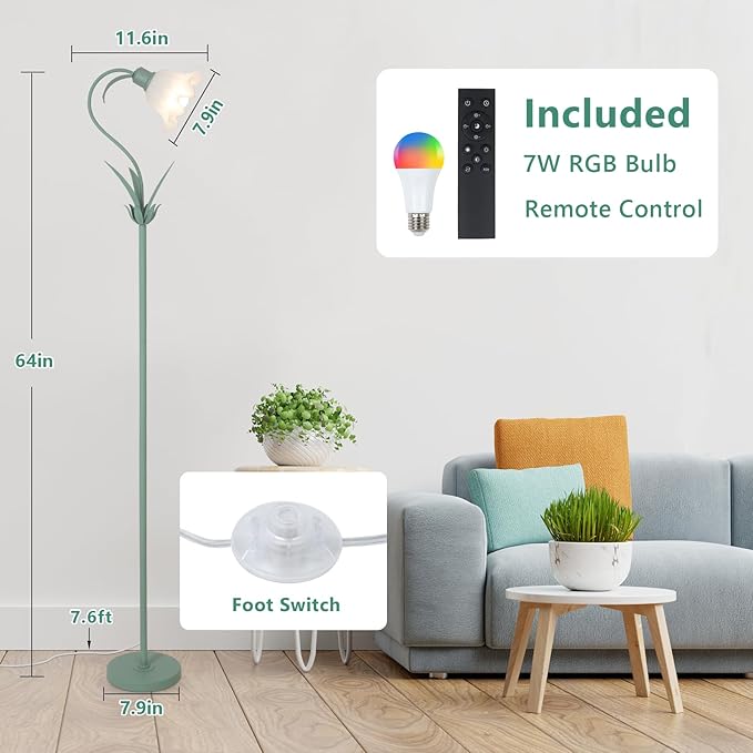 HMVPL Flower Floor Lamp for Living Room, Flower Standing Lamp with Remote Control, Floral Cute Tall Lamp with RGB Bulb, Dimming, Timer, Arc Vintage Floor Lamp for Bedroom Corner Kids Room Reading