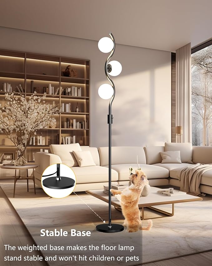 Lightdot 60IN 3-Globe Dimmable Black Floor Lamp Mid Century Standing Lamps with 3Pcs 3000K Warm White Bulbs Included Brightness Adjustable Modern Tall Lamp for Bedroom/Sofa Beside/Corner Decor
