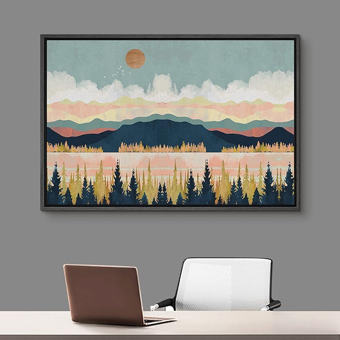 SIGNFORD Framed Canvas Print Wall Art Woodland Nursery Decor Mountain, Forest & Lake Abstract Wilderness Modern Art Rustic Scenic Colorful for Living Room, Bedroom, Office - 16"x24" Black