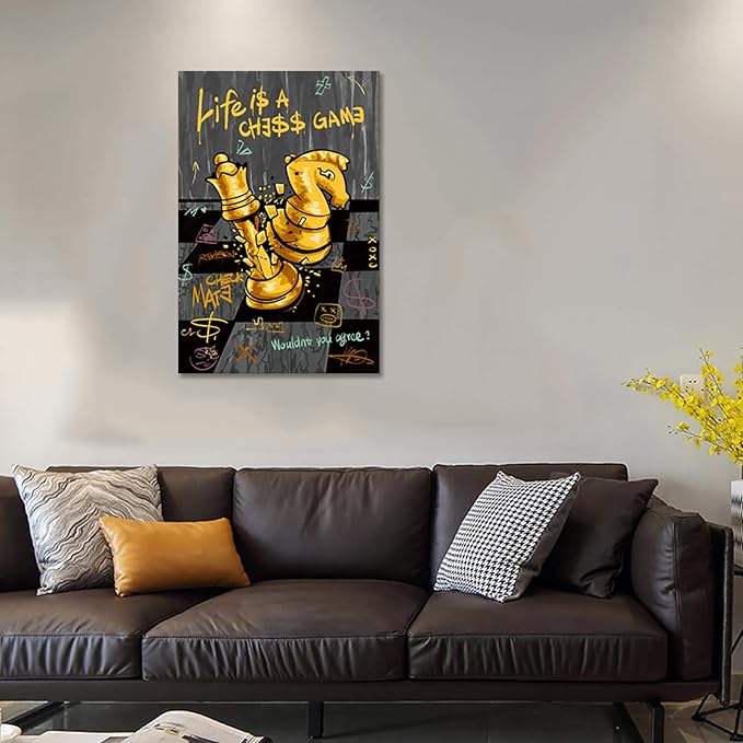 Office Wall Art - Black Gold Chess Picture LIFE IS A CHESS GAME Canvas Print Inspirational Wall Decor Motivational Poster Entrepreneur Artwork Modern Home Decoration, Ready to Hang 24 x 36 in Framed