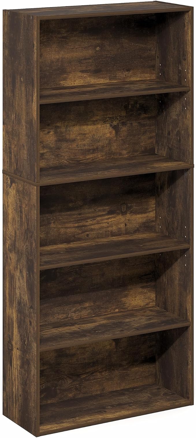 Furinno Jaya Book Shelf, 5-Tier Bookshelf, 52 Inch Tall Standing Bookcase with Adjustable Shelf, 9.5 x 23.6 x 52.6, for Home Office, Bedroom, Living Room, Amber Pine