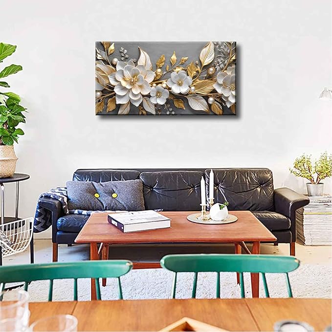 Large Living Floral Canvas Wall Art Gold White Plant Abstract Decor painting Pictures Modern Nordic Botanical Flowers Posters Prints for Bathroom Bedroom Office Hallway Home Decoration