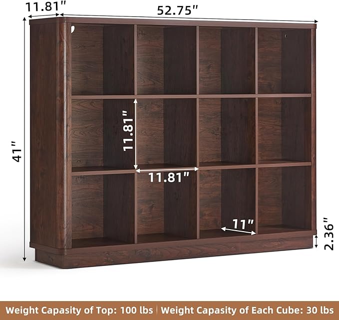 12 Cube Storage Organizer, 41" Large Bookshelf with Curved Edge, Wood Floor Standing 3-Tier Cubby Bookcase w/Base, Vintage Display Storage Cabinet, Book Case for Living Room, Office, Walnut
