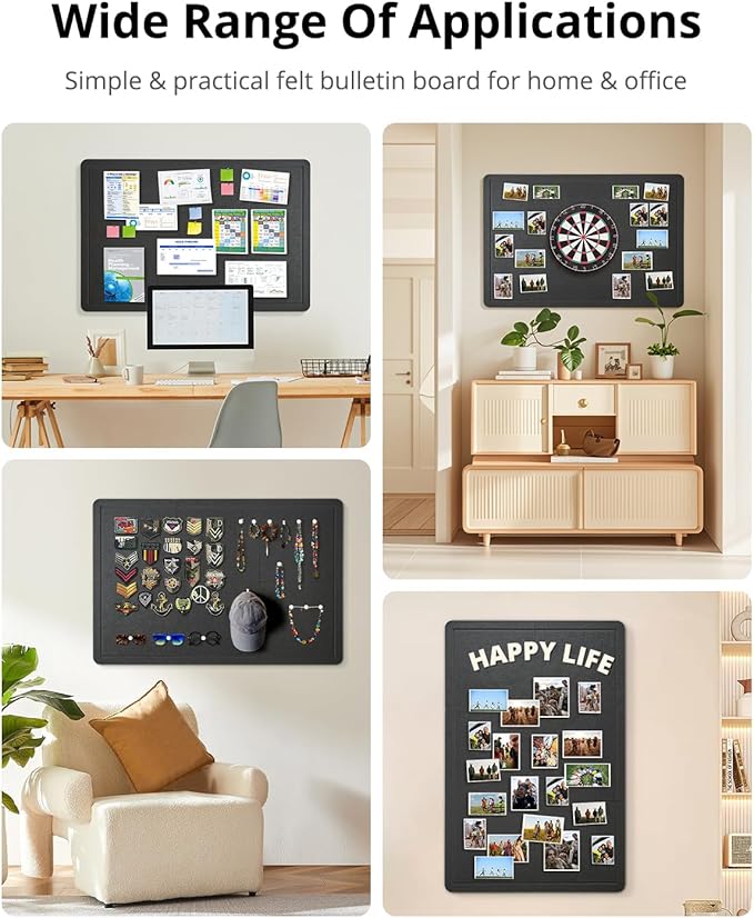 Bulletin Board, 36 x 24 inches Cork Board Alternative, 6 Pack 12"X12"X0.4" Felt Pin Boards for Walls Home Office Decor, Classroom with 30 Adhesive Tabs Black
