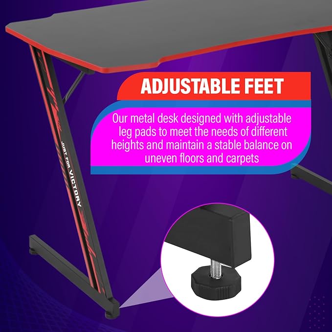 PayLessHere | 47" Gaming Table | Red | Z-Shaped Computer Desk with Steel Frame, Headphone Hook, Adjustable Feet | Carbon Fiber Texture Surface, Sweat & Waterproof | for Gaming, Home Office
