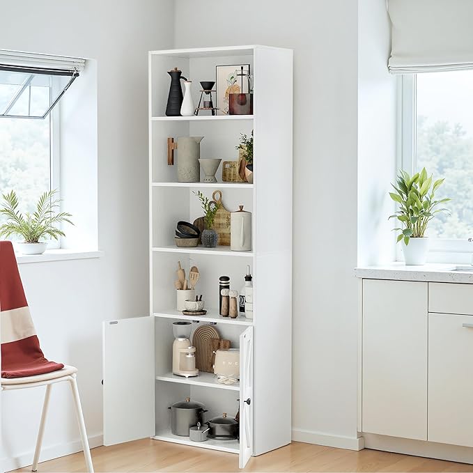 YESHOMY 6 Tier Bookcase and Bookshelf, Tall Book Shelf with Doors & Adjustable Shelves, Floor Display Storage Cabinet Home Decor for Living Room, Office, White