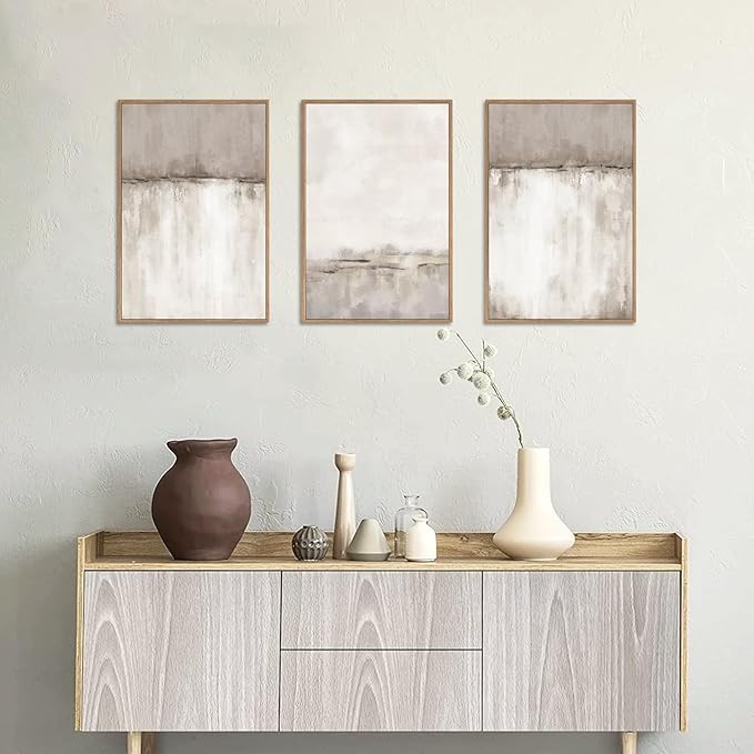KAIRNE Large Neutral Gray Framed Canvas Wall Art Set, Abstract Duotone Gray Tan Wall Decor, Neutral Watercolor Shape Wall Pinting, Modern Landscape Art Print for Living Room, Bedroom, Office16 x24 x3