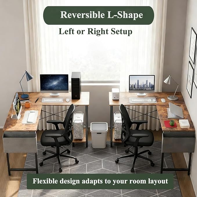 L-Shaped Corner Home Office Computer Desk, Gaming Desk with CPU Stand Shelf and Hanging Storage Pocket, Student Study Writing Table, Sturdy Metal Frame, 43.3" D x 50" W, Rustic Brown