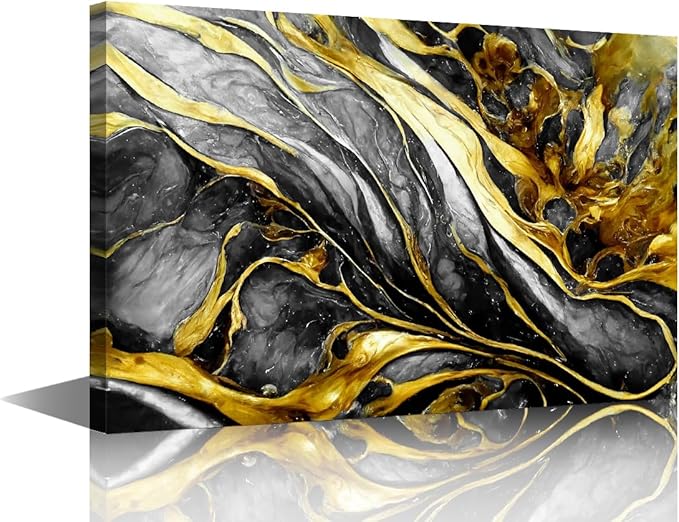 Abstract Marble Wall Decor for Home 1 Panel Modern Canvas Artwork Black and Gold Texture Poster Prints on Canvas for Minimalist Enthusiasts Bedroom Decor Stretched and Framed Ready to Hang 18x12 in