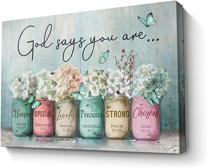 Parylore Inspirational Canvas Wall Art Encouraging Bible Verses On Cute Marson Jars and Butterflies God Says You Are Teal Background Artwork for Living Room Bedroom Bathroom Office Home Decor 16x24 In
